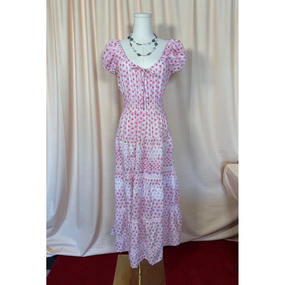 LoveShackFancy Midi Dress Womens Medium Pink Floral Cotton Gauze Good Boho Lace